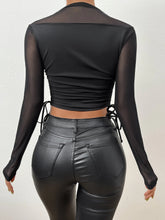 SXY Square Neck Contrast Mesh Drawstring Side Crop Tee